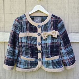 Anthropologie Knitted Dove Retro Plaid Wool Bow Tweed Cropped Jacket Medium